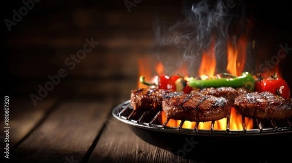 Fototapeta Grilled meat and vegetables on a flaming grill.