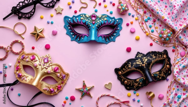 Fototapeta Colorful party masks arranged on pink background, surrounded by decorative items like beads, stars, and fabric. vibrant colors and playful elements create festive atmosphere