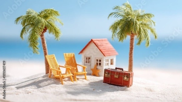 Obraz Two miniature palm trees and a small house on a sandy beach with a suitcase and two chairs.