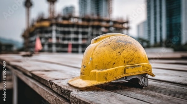 Fototapeta A yellow construction helmet on a wooden table with a blurred construction site in the background.