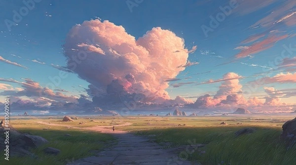 Fototapeta A heart-shaped cloud hovers over a vast, grassy plain.