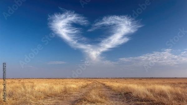 Fototapeta Heart-shaped cloud formation over a vast, golden plain.
