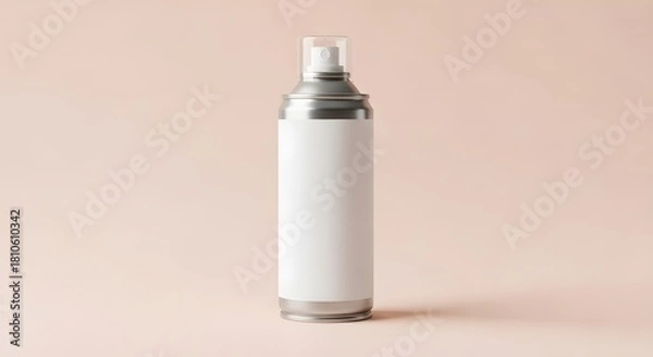 Fototapeta Blank White Spray Can Mockup with Silver Base and Clear Cap on Pastel Background