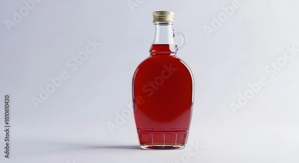 Fototapeta Glass bottle of dark red liquid, possibly maple syrup or wine, with a gold cap on a plain background.