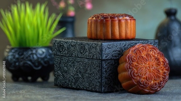 Fototapeta Two mooncakes on a decorative box.