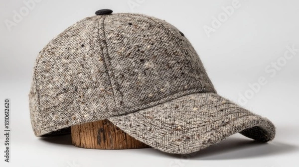 Fototapeta Gray tweed baseball cap sits on a wooden display stand.