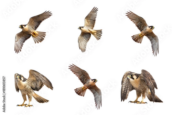 Fototapeta Collection of Falcon circling A falcon circles high in the sky, scanning the ground for prey. full length isolate on transparent background