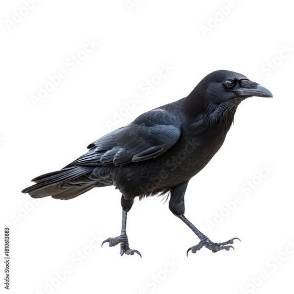 Fototapeta Crow walking A crow moves slowly with short, deliberate steps, head bouncing slightly. full length isolate on transparent background