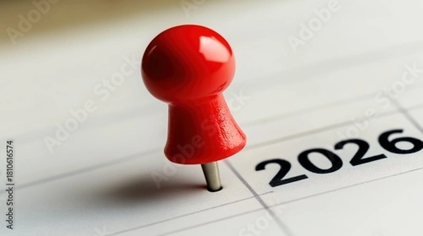 Obraz Red pin marks year “2026” on white paper