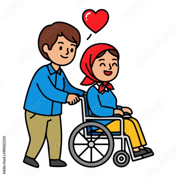 Obraz Man Pushing Woman in Wheelchair with Heart Symbol Above Them