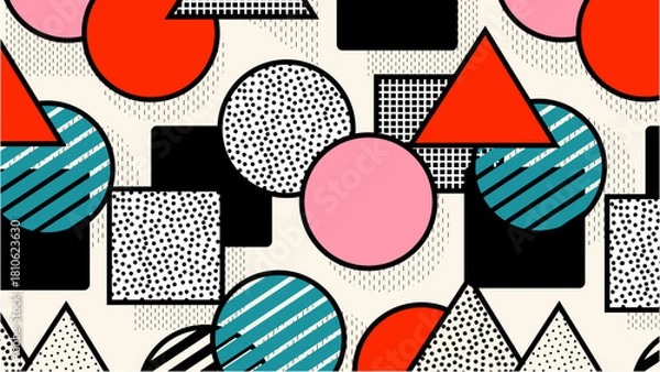 Fototapeta Seamless memphis pattern for stylish designs with vibrant shapes. Suitable for packaging, stationery, apparel, and backgrounds for various projects.