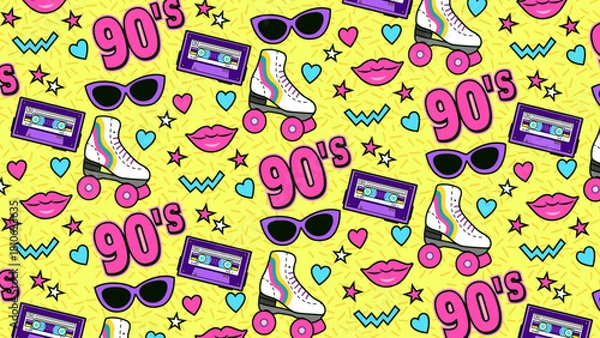 Fototapeta 90s seamless pattern with sunglasses, cassettes, roller skates, and lips. Perfect for retro-themed designs, apparel. Back to the 90's loop animation.
