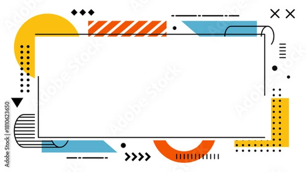 Fototapeta Memphis frame border with circles, triangles, and lines for vibrant, geometric designs. Perfect for posters, invitations, social media graphics.