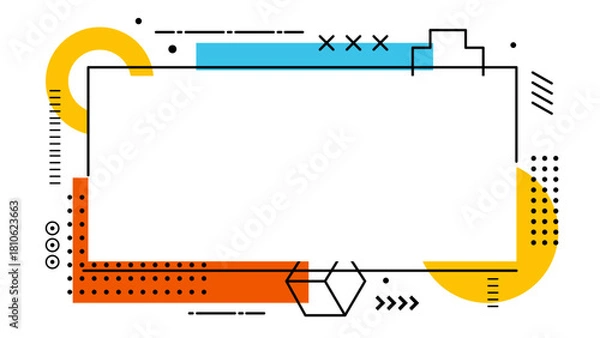 Fototapeta Memphis frame border with colorful geometric shapes for dynamic designs. Perfect for social media graphics, posters, and packaging projects.