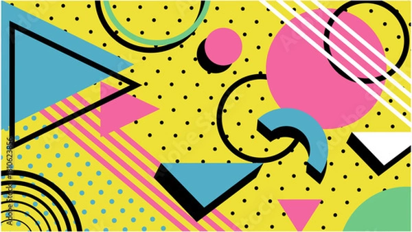 Fototapeta Seamless memphis pattern showcases a vibrant memphis design with shapes and polka dots.