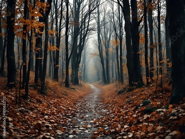 Obraz narrow forest path surrounded by tall bare trees and autumn leaves. Moody and cinematic woodland scenery with warm tones, creating a peaceful yet mysterious atmosphere