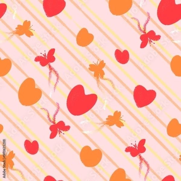 Obraz Red and Orange Hearts with Diagonal Stripes Seamless Pattern