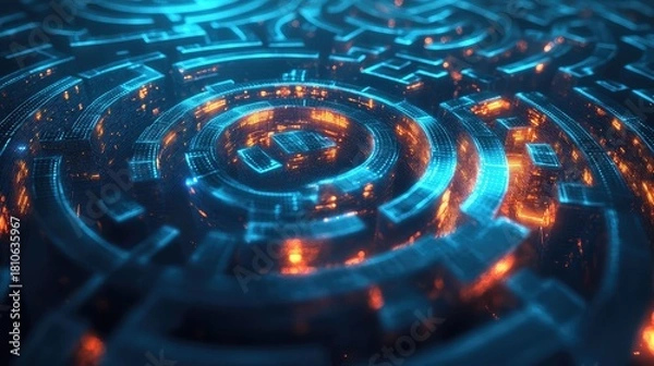 Fototapeta The process of machine learning, represented by a complex, transparent glass labyrinth where streams of light (data) learn the correct path, gradually forming a single,