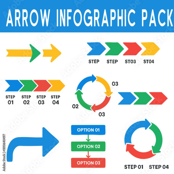 Fototapeta Arrow Infographic Pack: A versatile and visually engaging collection of arrows in various styles and layouts, ideal for illustrating steps, processes, and options in a clear and concise manner.