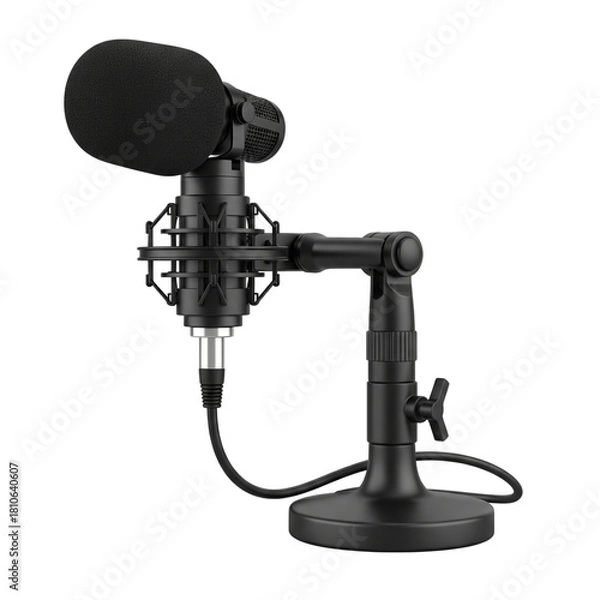 Fototapeta Black condenser microphone on adjustable stand isolated on transparent background