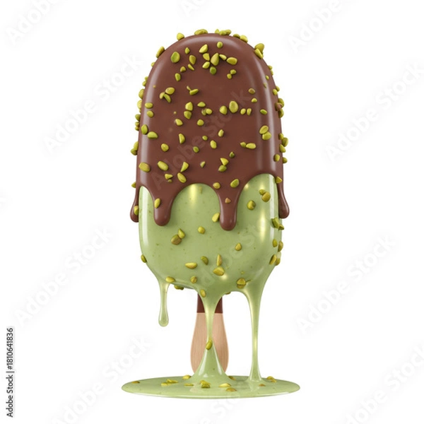 Fototapeta Melting pistachio ice cream bar chocolate coated isolated on transparent background