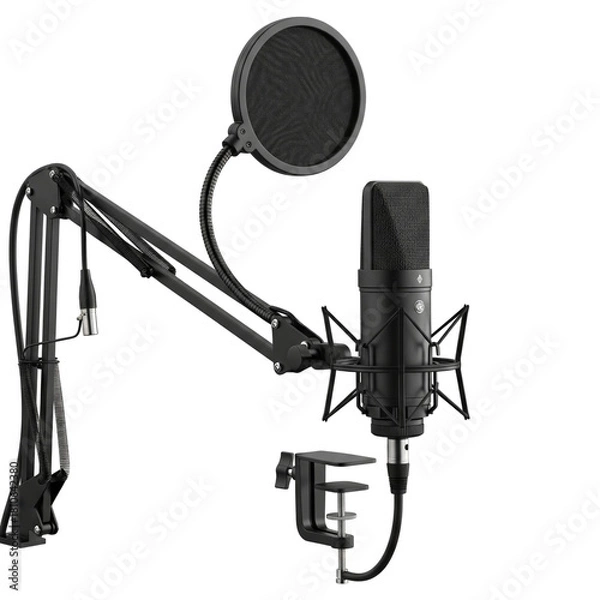 Obraz Professional studio microphone with boom arm and pop filter isolated on transparent background