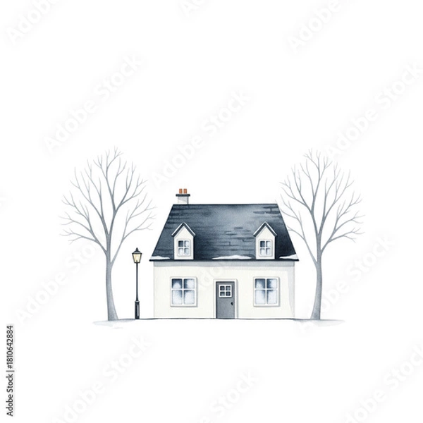 Fototapeta Watercolor illustration of a charming house with trees isolated on transparent background