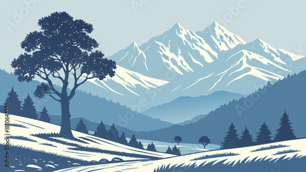 Fototapeta A scenic landscape featuring a prominent tree, snow covered ground, and majestic mountains in the background