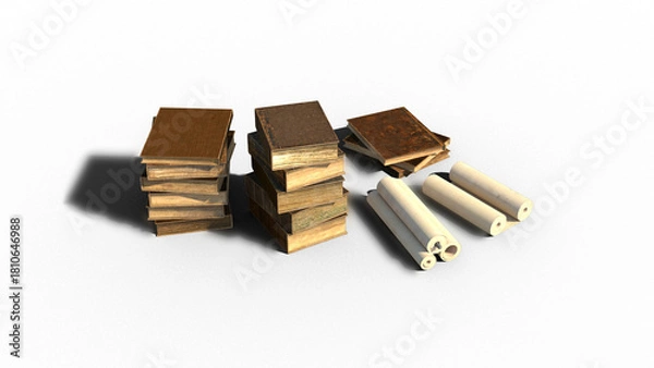 Obraz 古文書 考古学 時代考証 シンボル 本 巻物 書籍 古書 3CGレンダリング画像 影付き 透過影 半透明影 透過PNG