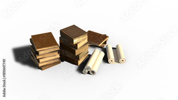 Obraz 古文書 考古学 時代考証 シンボル 本 巻物 書籍 古書 3CGレンダリング画像 影付き 透過影 半透明影 透過PNG