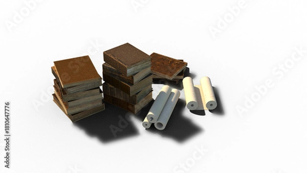 Obraz 古文書 考古学 時代考証 シンボル 本 巻物 書籍 古書 3CGレンダリング画像 影付き 透過影 半透明影 透過PNG