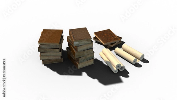 Obraz 古文書 考古学 時代考証 シンボル 本 巻物 書籍 古書 3CGレンダリング画像 影付き 透過影 半透明影 透過PNG