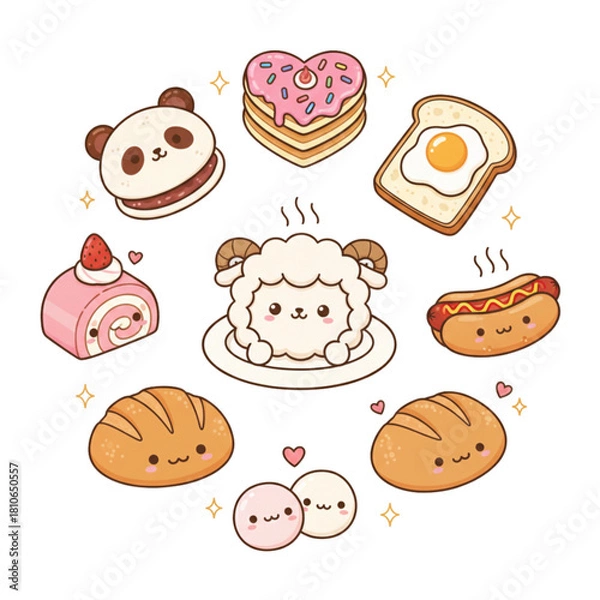 Fototapeta Circular Set of Cute Kawaii Lamb and Food Icons for Bakery Menu