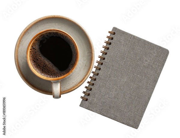 Fototapeta Coffee in cup & notebook w/ spiral, viewed from above