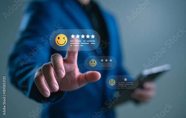 Obraz Customer satisfaction rating and feedback concept. Businessman touching emoji with five stars review on virtual interface for service experience, user evaluation, and online reputation system.