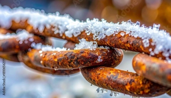 Fototapeta macro closeup rusted chain link salt crystals corrosion texture iron surface micro buildup rough detail oxidized pattern mineral contrast natural decay close focus gritty metallic structure