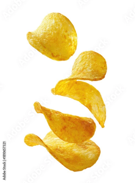 Fototapeta Stack of golden potato chips floating on black