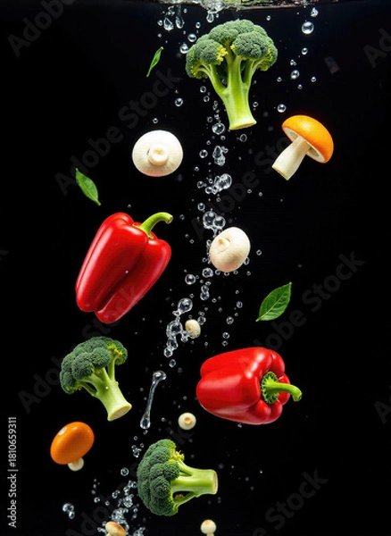 Fototapeta Floating Fresh Vegetables (Bell Peppers, Broccoli, Mushrooms) on Black Backdrop - Dynamic Food Element for Menu Design, Culinary Projects