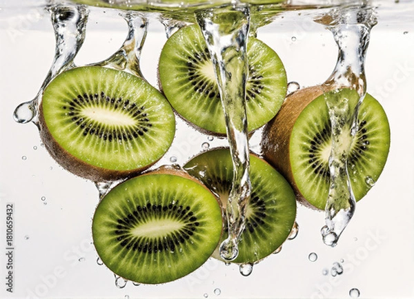 Fototapeta Abundant Sliced Kiwi in Underwater Setting - Fresh Juicy Fruit Element for Healthy Recipe Layouts, Fruit Branding