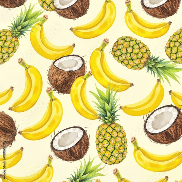Fototapeta Bright Tropical Fruit Pattern With Bananas, Pineapples and Coconuts - Playful Design for Packaging, Textile Projects