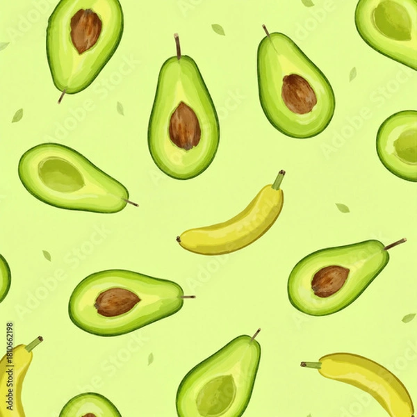 Fototapeta Avocado and Banana Repeat Pattern on Light Green Background - Tropical Fruit Design for Packaging, Home Textiles