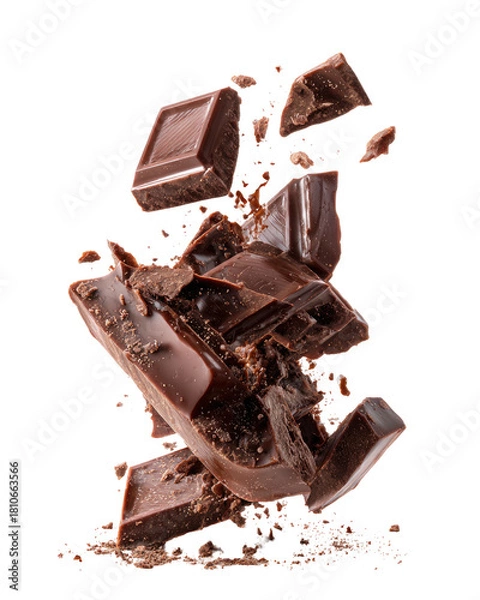 Fototapeta Flying dark chocolate chunks and crumbs on a black background