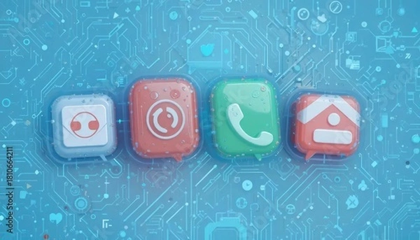 Fototapeta Row of modern three-dimensional application icons for music, camera, phone, and smart home on a blue circuit background
