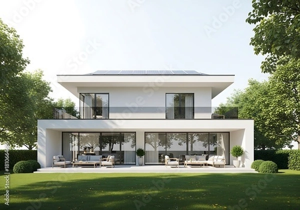 Obraz Modern two story white house with large glass windows and lush green lawn