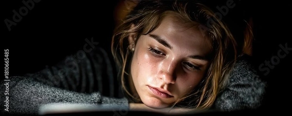 Obraz Exhausted student slumped over laptop desk concept. A young woman deeply focused on reading in low light.