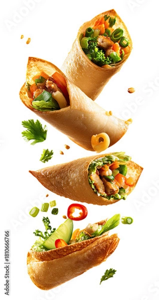 Fototapeta Stacked veggie spring rolls fried, golden, colorful filling