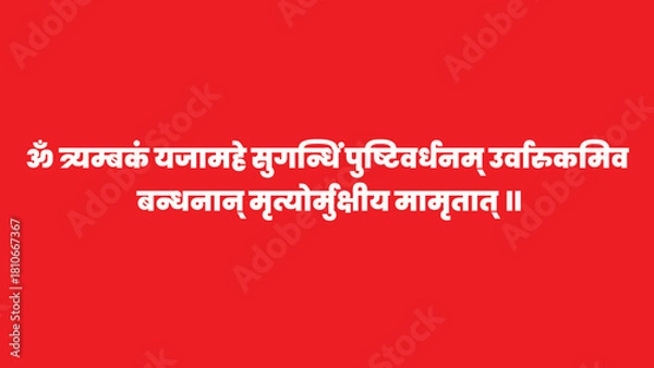 Fototapeta A minimalist and visually striking image featuring the Mahamrityunjaya Mantra, a powerful Hindu prayer for health, longevity, and liberation. The Sanskrit text is written in the Devanagari script.