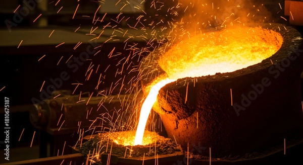 Fototapeta Hot molten metal flowing from foundry crucible during industrial smelting process with glowing orang 36298236 1