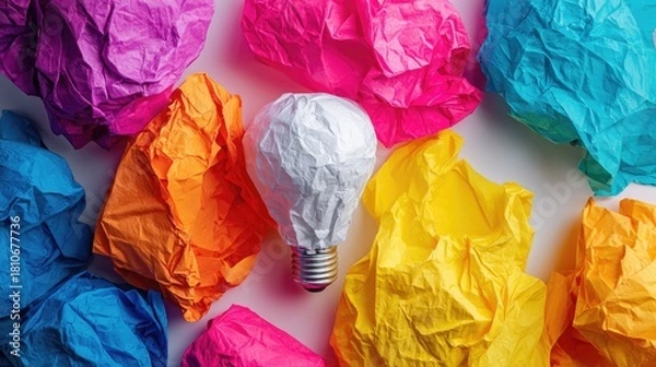 Fototapeta Crumpled colorful paper surrounding a white lightbulb.