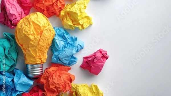 Fototapeta Colorful crumpled paper representing ideas surrounding a lightbulb.